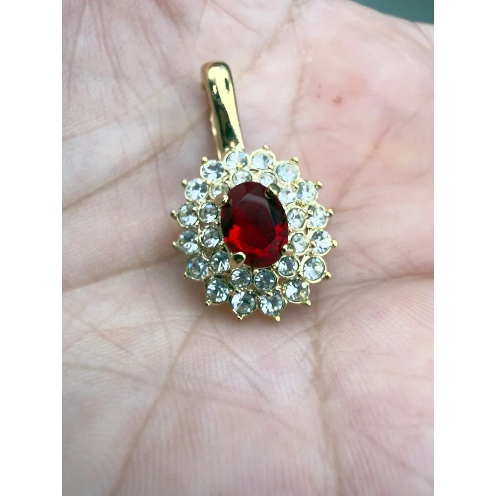 Gold Tone Red Oval Stone Enhancer Pendant Clear Rhinestone Halo Sunburst 1 Inch
